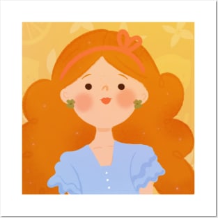 Kawaii Red-Haired Girl with Citrus Background - Vibrant Cute Art Posters and Art